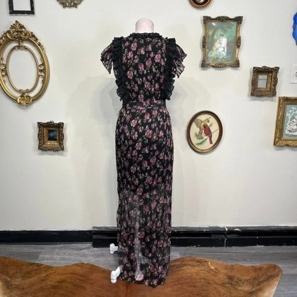 Foxiedox Black Floral Plissé Maxi Dress NWT, Ruffle Lace Trim V-Neck, Size XS - Picture 3 of 6